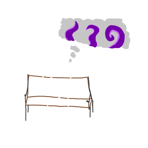 a stick figure sitting on a brown bench with a thought bubble coming out of his head thinking about tentacles