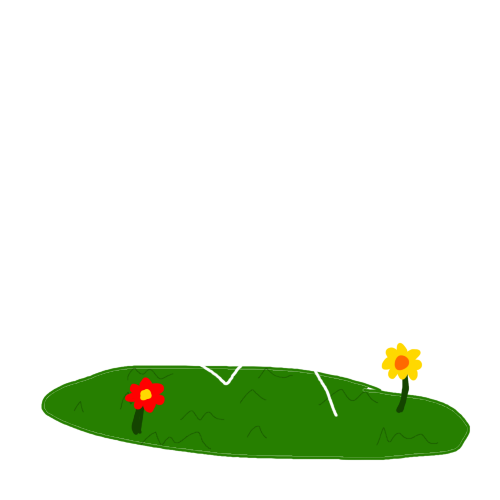 a stick figure running while smiling in a grass field of flowers