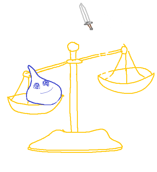 a stick figure standing atop the raised end of a scale holding a sword victiorously, with a blue slime creature smiling on the lower end