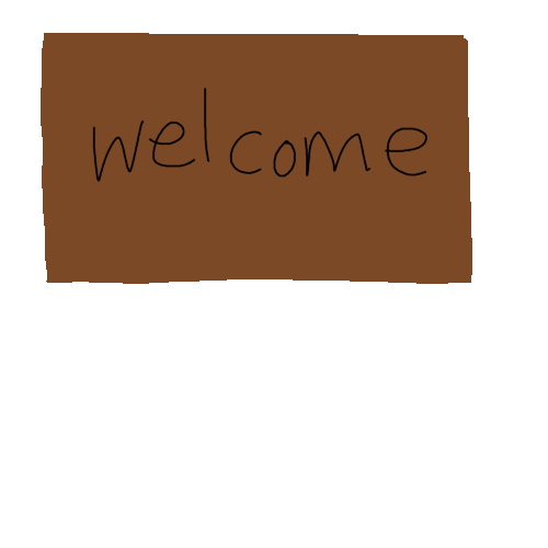 stick figure holding a brown wooden sign that has the word welcome on it over his head.